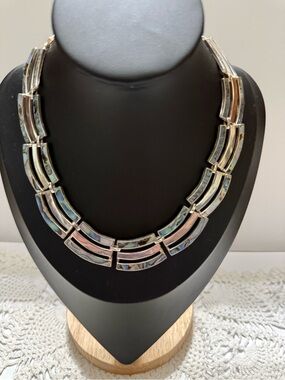 Vintage Taxco Mexico Sterling Silver Abelone Necklace Modernist Statement Panel